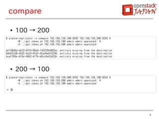 compare

   ●   100 → 200
$ glance-replicator -v compare 192.168.128.100:9292 192.168.128.200:9292 
        -M `./get_token.sh 192.168.128.100 admin admin openstack` 
        -S `./get_token.sh 192.168.128.200 admin admin openstack`

de150d8d-eb33-45f9-88a6-142228b902ba: entirely missing from the destination
0db62cb0-d592-4a24-8fdf-45a44a6f9298: entirely missing from the destination
bcaf789e-df5e-4862-b77b-d6cc8e63d33b: entirely missing from the destination



   ●   200 → 100
$ glance-replicator -v compare 192.168.128.200:9292 192.168.128.100:9292 
        -M `./get_token.sh 192.168.128.200 admin admin openstack` 
        -S `./get_token.sh 192.168.128.100 admin admin openstack`

→ 空




                                                                              9
 