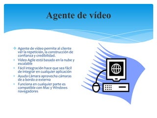 Agente de vídeo

 Agente de vídeo permite al cliente
ver la repetición, la construcción de
confianza y credibilidad.
Vídeo Agile está basado en la nube y
escalable
Fácil integración hace que sea fácil
de integrar en cualquier aplicación
Ayuda Cámara aprovecha cámaras
de a bordo o externa
Funciona en cualquier parte es
compatible con Mac y Windows
navegadores

 