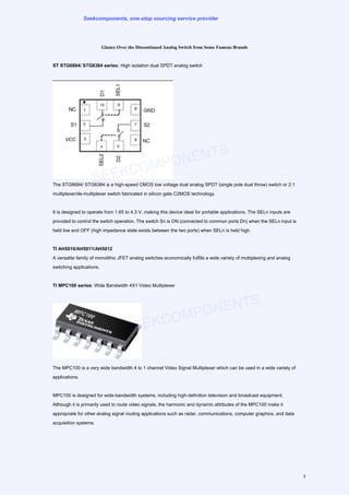 Seekcomponents, one-stop sourcing service provider




                          Glance Over the Discontinued Analog Switch from Some Famous Brands


ST STG6684/ STG6384 series: High isolation dual SPDT analog switch




                                            S
                                       NENT
                              EKC OMPO
                   SE
The STG6684/ STG6384 is a high-speed CMOS low voltage dual analog SPDT (single pole dual throw) switch or 2:1
multiplexer/de-multiplexer switch fabricated in silicon gate C2MOS technology.


It is designed to operate from 1.65 to 4.3 V, making this device ideal for portable applications. The SELn inputs are
provided to control the switch operation. The switch Sn is ON (connected to common ports Dn) when the SELn input is
held low and OFF (high impedance state exists between the two ports) when SELn is held high.


TI AH5010/AH5011/AH5012
A versatile family of monolithic JFET analog switches economically fulfills a wide variety of multiplexing and analog
switching applications.


TI MPC100 series: Wide Bandwidth 4X1 Video Multiplexer




                                                                     PON ENTS
                                           M
                                    SE EKCO

The MPC100 is a very wide bandwidth 4 to 1 channel Video Signal Multiplexer which can be used in a wide variety of
applications.


MPC100 is designed for wide-bandwidth systems, including high-definition television and broadcast equipment.
Although it is primarily used to route video signals, the harmonic and dynamic attributes of the MPC100 make it
appropriate for other analog signal routing applications such as radar, communications, computer graphics, and data
acquisition systems.




                                                                                                                        1
 