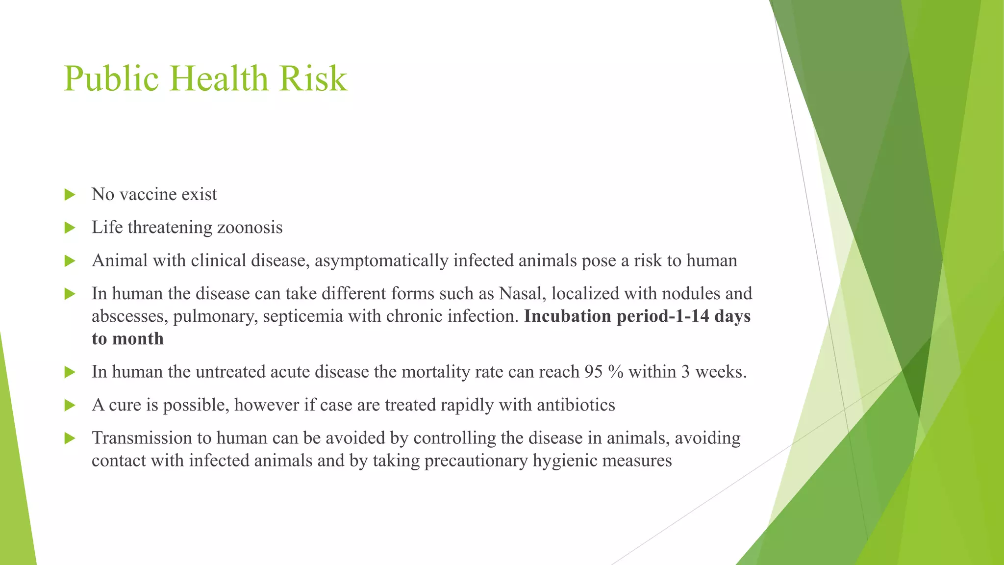 Public Health Risk
 No vaccine exist
 Life threatening zoonosis
 Animal with clinical disease, asymptomatically infected animals pose a risk to human
 In human the disease can take different forms such as Nasal, localized with nodules and
abscesses, pulmonary, septicemia with chronic infection. Incubation period-1-14 days
to month
 In human the untreated acute disease the mortality rate can reach 95 % within 3 weeks.
 A cure is possible, however if case are treated rapidly with antibiotics
 Transmission to human can be avoided by controlling the disease in animals, avoiding
contact with infected animals and by taking precautionary hygienic measures
 