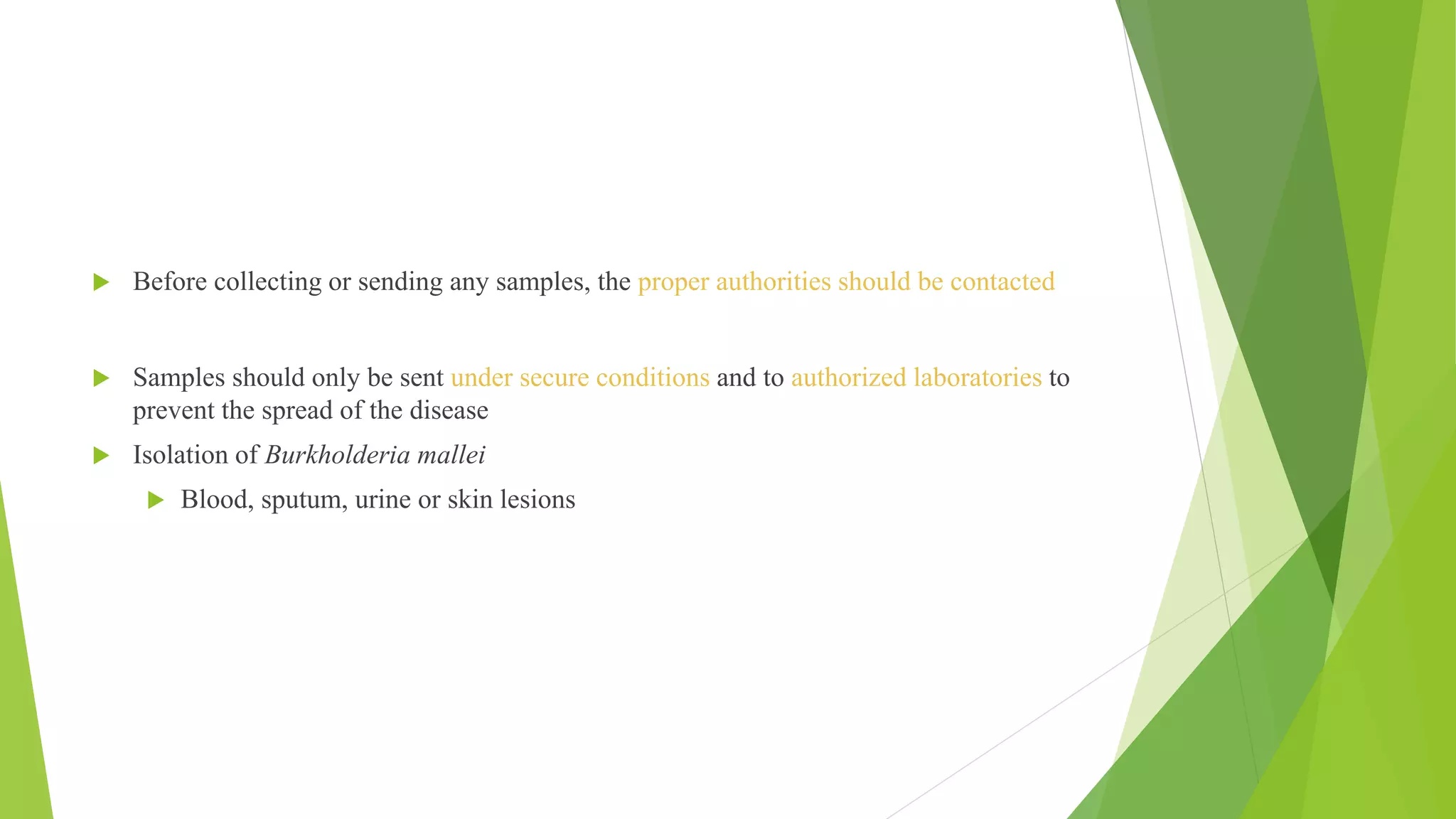  Before collecting or sending any samples, the proper authorities should be contacted
 Samples should only be sent under secure conditions and to authorized laboratories to
prevent the spread of the disease
 Isolation of Burkholderia mallei
 Blood, sputum, urine or skin lesions
 
