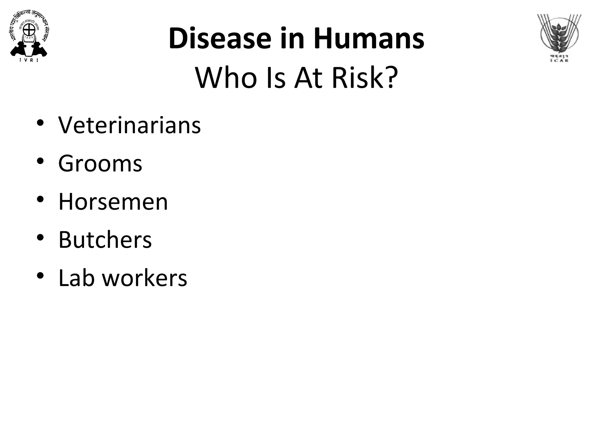 Disease in Humans
Who Is At Risk?
• Veterinarians
• Grooms
• Horsemen
• Butchers
• Lab workers
 