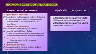 SÍNDROME CORTICOSUPRARRENALES:
Hiperfunción corticosuprarrenal.
1. Hipercorticismos metabólicos:
a) Hipercorticismo metabólico puro: síndrome de Cushing.
b) Hipercorticismos metabólicos acompañados de
hipersecreción de mineralocorticoides o de
andrógenos.
2. Hipercorticismos androgénicos:
a) Hipercorticismo androgénico puro: síndrome
adrenogenital o de Cooke-Apert-Gallais.
b) Hipercorticismos androgénicos acompanhados de
hipercorticismo metabólico, estrogênico o mineral.
3. Hipercorticismo estrogénico:
Síndrome por exceso de estrógenos
(feminización).
4. Hipermineralocorticismos:
a) Hiperaldosteronismo primario: síndrome de Conn.
b) Hiperaldosteronismo secundario.

Hipofunción corticosuprarrenal
1. Insuficiencia corticosuprarrenal aguda:
síndrome de Waterhouse-Friderischsen.
2. Insuficiencia corticosuprarrenal crónica:
enfermedad de Addison.

 