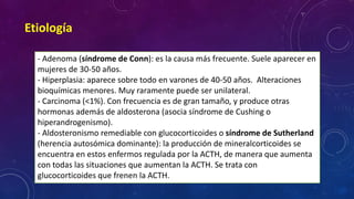 Etiología
- Adenoma (síndrome de Conn): es la causa más frecuente. Suele aparecer en
mujeres de 30-50 años.
- Hiperplasia: aparece sobre todo en varones de 40-50 años. Alteraciones
bioquímicas menores. Muy raramente puede ser unilateral.
- Carcinoma (<1%). Con frecuencia es de gran tamaño, y produce otras
hormonas además de aldosterona (asocia síndrome de Cushing o
hiperandrogenismo).
- Aldosteronismo remediable con glucocorticoides o síndrome de Sutherland
(herencia autosómica dominante): la producción de mineralcorticoides se
encuentra en estos enfermos regulada por la ACTH, de manera que aumenta
con todas las situaciones que aumentan la ACTH. Se trata con
glucocorticoides que frenen la ACTH.

 