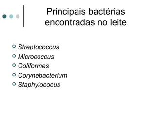 Principais bactérias
          encontradas no leite

 Streptococcus
 Micrococcus

 Coliformes

 Corynebacterium

 Staphylococus
 