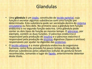 Glandulas
• Uma glândula é um órgão, constituído de tecido epitelial, cuja
função é secretar algumas substâncias com uma função pré
determinada. Esta substância pode ser secretada dentro do sistema
circulatório ou fora dele. No primeiro caso a glândula tem função
endócrina e no segundo função exócrina. Uma glândula pode
conter os dois tipos de função ao mesmo tempo. O pâncreas, por
exemplo, contém as duas funções. O pâncreas endócrino é
responsável pela produção de insulina e o pâncreas exócrino é
responsável pela produção de enzimas digestivas (lipase e amilase)
responsáveis por ajudar na digestão das proteínas.
• O tecido adiposo é a maior glândula endócrina do organismo
humano, como ficou provado há pouco tempo. A liberação de
diversas substâncias pelos adipócitos (células de gordura) foram
reconhecidas, tomando o lugar do fígado, anteriormente detentor
deste título.
 