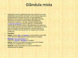 Glândula mista
• A glândula mista (ou glândula anfícrina) consiste num tipo
de glândula que produz secreções tanto serosas (aquosas e
límpidas)como mucosas (viscosas e escorregadias). A
glândula mista também chamada de glândula anfícrina,
apresenta as mesmas características das glândulas
endócrina e exócrina , ou seja, secreta produtos para
a corrente sanguínea e para o exterior, normalmente
através de um ducto secretor. São glândulas que possuem
uma porção exócrina e outra endócrina. Permanece o canal
para a secreção (ducto) mantendo a função exócrina, e
elimina também seus produtos no sangue como função
endócrina.
• Exemplos:
• Fígado: Lança a bile no intestino e as hormônios como IGF-
1 (um fator de regulação do crescimento) no sangue.
• Pâncreas: Suco pancreático no
intestino, insulina e glucagon no sangue.
• Ovário: Ovócito Secundário (lançado para as trompas),
estrógeno e progesterona no sangue.
• Testículo: Espermatozóide nos canais seminíferos e
testosterona no sangue.
 