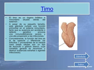 Timo
• El timo es un órgano linfático e
inmunitario situado detrás del
esternón .
• A pesar de su pequeño tamaño,
esta glándula cumple una función
primordial en el sistema inmunitario,
tanto que su ausencia por accidente o
defecto genético provoca
una inmunodeficiencia severa y
una alta propensión a las infecciones.
• Concretamente, la función del timo es
la de madurar y diferenciar los
linfocitos T provenientes de la médula
ósea (estas células son un tipo
de leucocito o glóbulo blanco, cuya
cometido general es reconocer y
destruir sustancias extrañas o agentes
infecciosos).
Índice
Glándulas
 