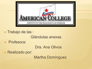  Trabajo de las :
Glándulas anexas
 Profesora:
Dra. Ana Olivos
 Realizado por:
Martha Domínguez
 