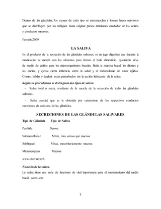 7
Dentro de las glándulas, los axones de cada tipo se entremezclan y forman haces nerviosos
que se distribuyen por los tabiques hasta originar plexos terminales alrededor de los acinos
y conductos menores.
Ferraris,2009
LA SALIVA
Es el producto de la secreción de las glándulas salivares; es un jugo digestivo que durante la
masticación se mezcla con los alimentos para formar el bolo alimenticio. Igualmente sirve
de medio de cultivo para los microorganismos bucales. Baña la mucosa bucal, los dientes y
las encías, y ejerce cierta influencia sobre la salud y el metabolismo de estos tejidos.
Comer, hablar y deglutir están perturbados sin la acción lubricante de la saliva.
Según su procedencia se distinguen dos tipos de saliva:
- Saliva total o mixta, resultante de la mezcla de la secreción de todas las glándulas
salivares.
- Saliva parcial, que es la obtenida por cateterismo de los respectivos conductos
excretores de cada una de las glándulas.
SECRECIONES DE LAS GLÁNDULAS SALIVARES
Tipo de Glándula Tipo de Saliva
Parótida Serosa
Submandibular Mixta, más serosa que mucosa
Sublingual Mixta, mayoritariamente mucosa
Microscópicas Mucosa
www.otorrinoweb.
Función de la saliva.
La saliva tiene una serie de funciones de vital importancia para el mantenimiento del medio
bucal, como son:
 