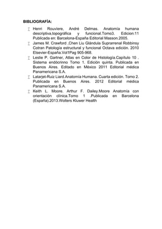 BIBLIOGRAFÍA:
 Henri Rouvíere, André Delmas. Anatomía humana
descriptiva,topográfica y funcional.Tomo3. Edicion:11
Publicada en: Barcelona-España Editorial Masson.2005.
 James M. Crawford ,Chen Liu Glándula Suprarrenal Robbinsy
Cotran Patología estructural y funcional Octava edición. 2010
Elsevier-España.Vol1Pag 905-968.
 Leslie P. Gartner, Atlas en Color de Histología.Capítulo 10 .
Sistema endócrinno Tomo 1. Edición quinta. Publicada en
Buenos Aires. Editado en México 2011 Editorial médica
Panamericana S.A.
 Latarjet-Ruiz Liard.Anatomía Humana. Cuarta edición. Tomo 2.
Publicada en Buenos Aires. 2012 Editorial médica
Panamericana S.A.
 Keith L. Moore. Arthur F. Dailey.Moore Anatomía con
orientación clínica.Tomo 1 .Publicada en Barcelona
(España).2013.Wolters Kluwer Health
 