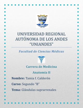 UNIVERSIDAD REGIONAL
AUTONOMA DE LOS ANDES
“UNIANDES”
Facultad de Ciencias Médicas
Carrera de Medicina
Anatomía II
Nombre: Tamia f. Calderon
Curso: Segundo “B”
Tema: Glandulas suprarrenales
 