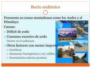 Bocio endémico
Frecuente en zonas montañosas como los Andes y el
Himalaya
Causas:
Déficit de yodo
Consumo excesivo de yodo
Ocurre en el embarazo
Otros factores con menor importancia:
 Genéticos
 Sustancias bociogénicas ( col, coliflor, mandioca)
 Desnutrición calórico-proteica
 