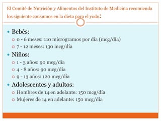 El Comité de Nutrición y Alimentos del Instituto de Medicina recomienda
los siguiente consumos en la dieta para el yodo:
 Bebés:
 0 - 6 meses: 110 microgramos por día (mcg/día)
 7 - 12 meses: 130 mcg/día
 Niños:
 1 - 3 años: 90 mcg/día
 4 - 8 años: 90 mcg/día
 9 - 13 años: 120 mcg/día
 Adolescentes y adultos:
 Hombres de 14 en adelante: 150 mcg/día
 Mujeres de 14 en adelante: 150 mcg/día
 