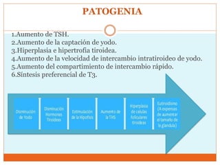 PATOGENIA
1.Aumento de TSH.
2.Aumento de la captación de yodo.
3.Hiperplasia e hipertrofia tiroidea.
4.Aumento de la velocidad de intercambio intratiroideo de yodo.
5.Aumento del compartimiento de intercambio rápido.
6.Síntesis preferencial de T3.
 
