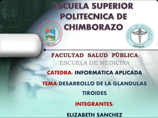 FACULTAD SALUD PÙBLICA
ESCUELA DE MEDICINA
CATEDRA: INFORMATICA APLICADA
TEMA:DESARROLLO DE LA GLANDULAS
TIROIDES
INTEGRANTES:
ELIZABETH SANCHEZ
 