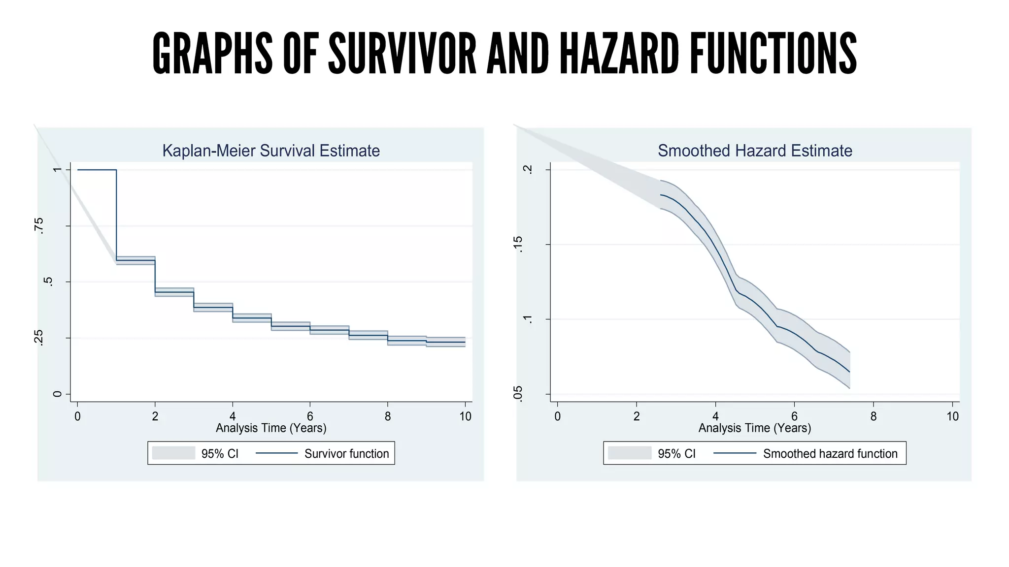 0
.25
.5
.75
1
0 2 4 6 8 10
Analysis Time (Years)
95% CI Survivor function
Kaplan-Meier Survival Estimate
.05
.1
.15
.2
0 2 4 6 8 10
Analysis Time (Years)
95% CI Smoothed hazard function
Smoothed Hazard Estimate
 