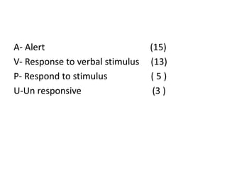 A- Alert (15)
V- Response to verbal stimulus (13)
P- Respond to stimulus ( 5 )
U-Un responsive (3 )
 