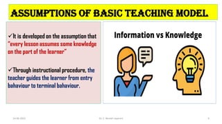 Assumptions of Basic Teaching Model
It is developed on the assumption that
“every lesson assumes some knowledge
on the part of the learner”
Through instructional procedure, the
teacher guides the learner from entry
bahaviour to terminal bahaviour.
14-06-2022 Dr. C. Beulah Jayarani 4
 
