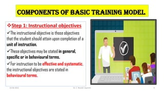 Components of basic training model
Step 1: Instructional objectives
The instructional objective is those objectives
that the student should attain upon completion of a
unit of instruction.
These objectives may be stated in general,
specific or in behavioural terms.
For instruction to be effective and systematic,
the instructional objectives are stated in
behavioural terms.
14-06-2022 Dr. C. Beulah Jayarani 5
 