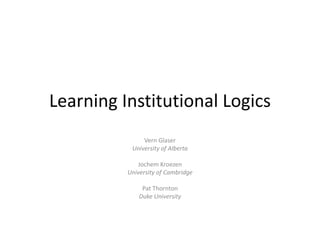 Learning Institutional Logics
Vern Glaser
University of Alberta
Jochem Kroezen
University of Cambridge
Pat Thornton
Duke University
 