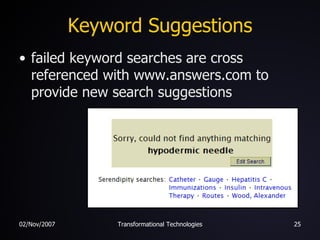 Keyword Suggestions failed keyword searches are cross referenced with www.answers.com to provide new search suggestions 