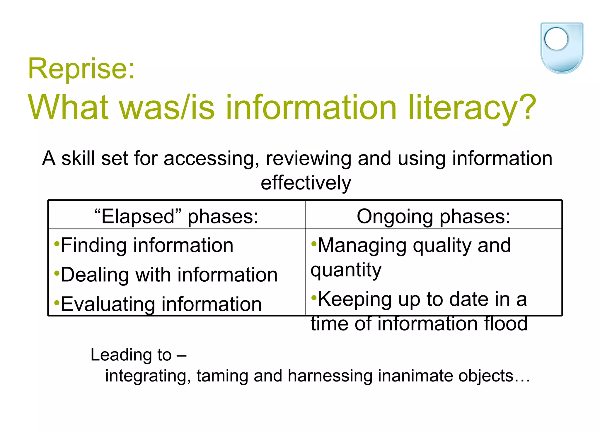 Reprise: What was/is information literacy? A skill set for accessing, reviewing and using information effectively Leading to –  integrating, taming and harnessing inanimate objects… Managing quality and quantity Keeping up to date in a time of information flood Finding information Dealing with information Evaluating information Ongoing phases: “ Elapsed” phases: 