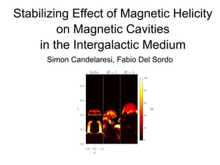 Stabilizing Effect of Magnetic Helicity
on Magnetic Cavities
in the Intergalactic Medium
Simon Candelaresi, Fabio Del Sordo
-1.0 0.0 1.0
x
0.0
2.0
4.0
6.0
8.0
z
hydro H = 1 H = 4
0
20
40
60
80
100
E
 