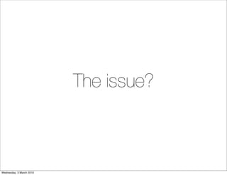 The issue?



Wednesday, 3 March 2010
 