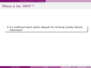 .
.
.
.
.
.
.
.
.
.
.
.
.
.
.
.
.
.
.
.
.
.
.
.
.
.
.
.
.
.
.
.
.
.
.
.
.
.
.
.
Causal Information Retrieval - the Challenges
Where is the ’WHY’?
Is a traditional search system adequate for retrieving causally relevant
information?
S. Datta (UCD) CausalIR 23rd May 10 / 39
 