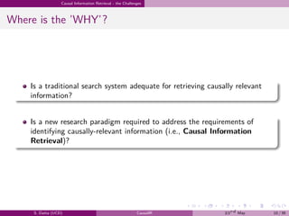.
.
.
.
.
.
.
.
.
.
.
.
.
.
.
.
.
.
.
.
.
.
.
.
.
.
.
.
.
.
.
.
.
.
.
.
.
.
.
.
Causal Information Retrieval - the Challenges
Where is the ’WHY’?
Is a traditional search system adequate for retrieving causally relevant
information?
Is a new research paradigm required to address the requirements of
identifying causally-relevant information (i.e., Causal Information
Retrieval)?
S. Datta (UCD) CausalIR 23rd May 10 / 39
 