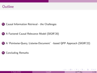 .
.
.
.
.
.
.
.
.
.
.
.
.
.
.
.
.
.
.
.
.
.
.
.
.
.
.
.
.
.
.
.
.
.
.
.
.
.
.
.
Outline
1 Causal Information Retrieval - the Challenges
2 A Factored Causal Relevance Model (SIGIR’20)
3 A ‘Pointwise-Query, Listwise-Document’-based QPP Approach (SIGIR’22)
4 Concluding Remarks
S. Datta (UCD) CausalIR 23rd May 2 / 39
 