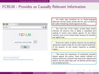 .
.
.
.
.
.
.
.
.
.
.
.
.
.
.
.
.
.
.
.
.
.
.
.
.
.
.
.
.
.
.
.
.
.
.
.
.
.
.
.
A Factored Causal Relevance Model (SIGIR’20)
FCRLM - Provides us Causally Relevant Information
S. Datta (UCD) CausalIR 23rd May 22 / 39
 