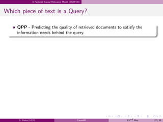 .
.
.
.
.
.
.
.
.
.
.
.
.
.
.
.
.
.
.
.
.
.
.
.
.
.
.
.
.
.
.
.
.
.
.
.
.
.
.
.
A Factored Causal Relevance Model (SIGIR’20)
Which piece of text is a Query?
QPP - Predicting the quality of retrieved documents to satisfy the
information needs behind the query.
S. Datta (UCD) CausalIR 23rd May 27 / 39
 