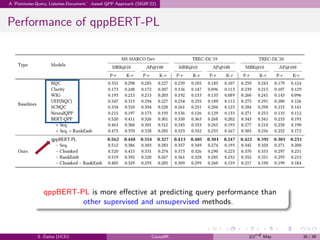 .
.
.
.
.
.
.
.
.
.
.
.
.
.
.
.
.
.
.
.
.
.
.
.
.
.
.
.
.
.
.
.
.
.
.
.
.
.
.
.
A ‘Pointwise-Query, Listwise-Document’-based QPP Approach (SIGIR’22)
Performance of qppBERT-PL
qppBERT-PL is more effective at predicting query performance than
other supervised and unsupervised methods.
S. Datta (UCD) CausalIR 23rd May 35 / 39
 