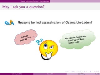 .
.
.
.
.
.
.
.
.
.
.
.
.
.
.
.
.
.
.
.
.
.
.
.
.
.
.
.
.
.
.
.
.
.
.
.
.
.
.
.
Causal Information Retrieval - the Challenges
May I ask you a question?
S. Datta (UCD) CausalIR 23rd May 5 / 39
 