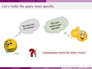 .
.
.
.
.
.
.
.
.
.
.
.
.
.
.
.
.
.
.
.
.
.
.
.
.
.
.
.
.
.
.
.
.
.
.
.
.
.
.
.
Causal Information Retrieval - the Challenges
Let’s make the query more specific
S. Datta (UCD) CausalIR 23rd May 8 / 39
 