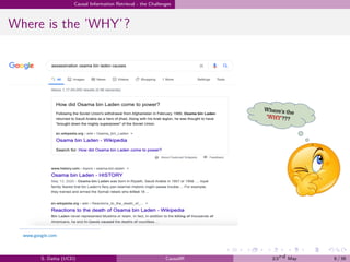 .
.
.
.
.
.
.
.
.
.
.
.
.
.
.
.
.
.
.
.
.
.
.
.
.
.
.
.
.
.
.
.
.
.
.
.
.
.
.
.
Causal Information Retrieval - the Challenges
Where is the ’WHY’?
S. Datta (UCD) CausalIR 23rd May 9 / 39
 