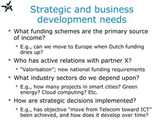 Strategic and business
development needs
 What funding schemes are the primary source
of income?
 E.g., can we move to Europe when Dutch funding
dries up?
 Who has active relations with partner X?
 “Valorisation”; new national funding requirements
 What industry sectors do we depend upon?
 E.g., how many projects in smart cities? Green
energy? Cloud computing? Etc.
 How are strategic decisions implemented?
 E.g., has objective “move from Telecom toward ICT”
been achieved, and how does it develop over time?
 