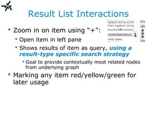 Result List Interactions
 Zoom in on item using “+”:
 Open item in left pane
 Shows results of item as query, using a
result-type specific search strategy
 Goal to provide contextually most related nodes
from underlying graph
 Marking any item red/yellow/green for
later usage
 