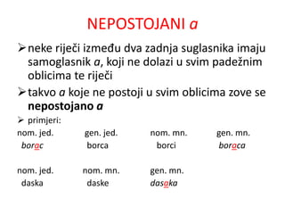NEPOSTOJANI a 
neke riječi između dva zadnja suglasnika imaju 
samoglasnik a, koji ne dolazi u svim padežnim 
oblicima te riječi 
takvo a koje ne postoji u svim oblicima zove se 
nepostojano a 
 primjeri: 
nom. jed. gen. jed. nom. mn. gen. mn. 
borac borca borci boraca 
nom. jed. nom. mn. gen. mn. 
daska daske dasaka 
 