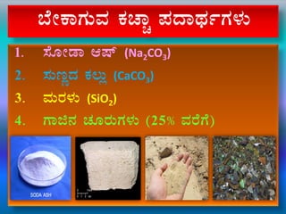 ¨ÉÃPÁUÀÄªÀ PÀZÁÑ ¥ÀzÁxÀðUÀ¼ÀÄ
1. ¸ÉÆÃqÁ Dµï (Na2CO3)
2. ¸ÀÄtÚzÀ PÀ®Äè (CaCO3)
3. ªÀÄgÀ¼ÀÄ (SiO2)
4. UÁf£À ZÀÆgÀÄUÀ¼ÀÄ (25% ªÀgÉUÉ)
 