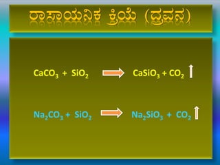 gÁ¸ÁAiÀÄ¤PÀ QæAiÉÄ (zÀæªÀ£À)
CaCO3 + SiO2 CaSiO3 + CO2
Na2CO3 + SiO2 Na2SiO3 + CO2
 
