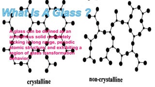 A glass can be defined as an
amorphous solid completely
lacking in long range, periodic
atomic structure, and exhibiting a
region of glass transformation
behavior.
 