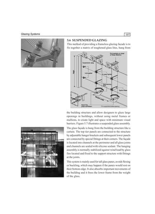 Glazing Systems

107

5.6 SUSPENDED GLAZING
This method of providing a frameless glazing facade is to
fix together a matrix of toughened glass lites, hung from

Fin supported bolted glazing

the building structure and allow designers to glaze large
openings in buildings, without using metal frames or
mullions, to create light and space with minimum visual
barriers. Figure 5.7 illustrates a suspended glass assembly.
The glass façade is hung from the building structure like a
curtain. The top tier panels are connected to the structure
by adjustable hanger brackets and subsequent lower panels
are connected by special fittings at their corners. The façade
is located into channels at the perimeter and all glass joints
and channels are sealed with silicone sealant. The hanging
assembly is normally stabilized against wind load by glass
fins located and fixed to the support structure with fittings
at the joints.
This system is mainly used for tall glass panes, avoids flexing
or buckling, which may happen if the panes would rest on
their bottom edge. It also absorbs important movements of
the building and it frees the lower frame from the weight
of the glass.

 