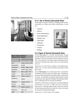 Types of Glass, Properties and Uses

9
2.1.2 Use of Normal (Annealed) Glass
Normal glass is used in residences, shopping malls, hotels,
restaurants, etc. Other areas where normal glass is used
are :
• Windows
• Shelves
• Doors and partitions
• Solar Applications
• Display cases
• Shop fronts
• Solariums
• Greenhouse
• Atriums
• Railings

Metal oxides leading to
different tints of glass
COLORANT

GLASS COLORS

Iron

Green, brown, blue

Manganese

Purple

Chromium

Green, yellow, pink

Vanadium

Green, blue, grey

Copper

Blue, green, red

Cobalt

Blue, green pink

Nickel

Yellow, purple

Cadmium

Yellow

Titanium

Purple, brown

Cerium

Yellow

Types
2.1.3 Types of Normal (Annealed) Glass
2.1.3.1 Clear glass. It is normal annealed glass, though
clear & transparent, It does posses some colour tint usually
greenish. It is due to presence of some impurities such as
iron. Clear glass has very high energy transmission when
exposed to sun light. It provides a clear view of the objects
across it.
Applications: Used in doors, windows, solar applications,
shelves etc. It is also used for further processing to other
glass types.
2.1.3.2 Tinted glass: It is normal glass that is coloured by
the addition of metal oxides into molten glass. Tinted glass
possesses filtering properties that help reduce eyestrain due
to dazzle. Its absorption properties help diminish energy
transmissions when exposed to sunlight. Tints like green allows
more visible light and cut out infra-red radiation.

Selenium

Pink, red

Variations in the thickness of the glass would yield different
performance in terms of light and solar radiation
transmission. Although darker shades reduce the amount
of heat being transmitted to the interiors, they also reduce
the amount of transmitted daylight.

Gold

Red

Applications: Used in doors and windows.

Carbon

&

Amber, brown

 