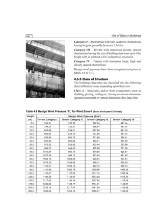 Use of Glass in Buildings

66

Category II - Open terrain with well-scattered obstructions
having heights generally between 1.5-10m.
Category III – Terrain with numerous closely spaced
obstructions having the size of building structures up to 10m
height with or without a few isolated tall structures.
Category IV – Terrain with numerous large, high and
closely spaced obstructions.
Design wind pressures have been computed and given in
tables 4.6 to 4.11.
4.5.3 Class of Structure
The buildings/structures are classified into the following
three different classes depending upon their size:
Class A – Structures and/or their components such as
cladding, glazing, roofing etc., having maximum dimension
(greatest horizontal or vertical dimension) less than 20m.

Table 4.6 Design Wind Pressure ‘PZ’ for Wind Zone-1 (Basic wind speed 33 m/sec)
Design Wind Pressure (N/m 2 )

Height
(m)

Terrain Category I

Terrain Category II

5.0

794.21

720.37

Terrain Category III
596.54

Terrain Category IV
461.04

10.0

794.21

720.37

596.54

461.04

15.0

855.88

794.21

677.80

461.04

20.0

903.64

824.76

734.85

461.04

25.0

928.00

863.75

771.68

564.21

30.0

952.69

903.64

809.41

677.80

35.0

973.52

923.92

832.48

723.98

40.0

994.57

944.43

855.88

771.68

45.0

1015.84

965.16

879.59

820.91

50.0

1037.34

986.12

903.64

871.65

60.0

1058.19

1009.86

929.64

903.64

70.0

1079.25

1033.88

956.01

936.20

80.0

1100.51

1058.19

982.75

969.33

90.0

1121.99

1082.78

1009.86

1003.05

100.0

1143.67

1107.65

1037.34

1037.34

125.0

1180.26

1143.67

1072.20

1072.20

150.0

1217.43

1180.26

1107.65

1107.65

175.0

1236.23

1198.77

1134.61

1134.61

200.0

1255.18

1217.43

1161.89

1161.89

250.0

1293.50

1255.18

1198.77

1180.26

 