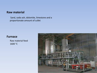 Sand, soda ash, dolomite, limestone and a
proportionate amount of cullet
Raw material
Furnace
Raw material feed
1600 °C
 
