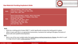 Al₂O₃
- Al₂O₃ has a melting point of about 2050 ° C, which significantly increases the melting point in glazes.
- When it reacts with SiO₂ in an appropriate environment, it prevents the matting of the glaze, formation of
boron tulle and crystalline decomposition.
B₂O₃
- B₂O₃ is one of the most suitable oxides that easily reduces melting temperatures of glazes. But which is used
in a large amount in glaze, white covering is formed.
Raw Materials Providing Amphoteric Oxide
K.U.TÜMEN – 2018/2019 Glass and Glaze 7
http://content.lms.sabis.sakarya.edu.tr/Uploads/48931/37158/12_.hafta.pdf
Al₂O₃
Albite ( Na-Feldspar ) = Na₂O . Al₂O₃ . 6SiO₂
Orthoclase ( K – Feldspar ) = K₂O . Al₂O₃ . 6SiO₂
Kaolin = Al₂O₃ . 2SiO₂ . 2H₂O
B₂O₃
Borax ( Crystal with Water ) = Na₂B₄O₇ . 10H₂O ⇒ Na₂O. 2B₂O₃
Borax ( Crystal without Water ) = Na₂B₄O₇ ⇒ Na₂O. 2B₂O₃
Zinc Borate = ZnO . 2B₂O₃
Ulexite = Na₂O . 2CaO . 5B₂O₃ . 16H₂O
Colemanite = 2CaO . 3B₂O₃ . 3H₂O
Calcium Borate = CaO . B₂O₃ . 6H₂O
Boric Acid = B₂O₃ . 3H₂O
 