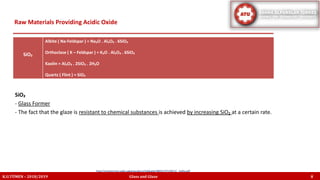 Raw Materials Providing Acidic Oxide
K.U.TÜMEN – 2018/2019 Glass and Glaze 8
http://content.lms.sabis.sakarya.edu.tr/Uploads/48931/37158/12_.hafta.pdf
SiO₂
Albite ( Na-Feldspar ) = Na₂O . Al₂O₃ . 6SiO₂
Orthoclase ( K – Feldspar ) = K₂O . Al₂O₃ . 6SiO₂
Kaolin = Al₂O₃ . 2SiO₂ . 2H₂O
Quartz ( Flint ) = SiO₂
SiO₂
- Glass Former
- The fact that the glaze is resistant to chemical substances is achieved by increasing SiO₂ at a certain rate.
 